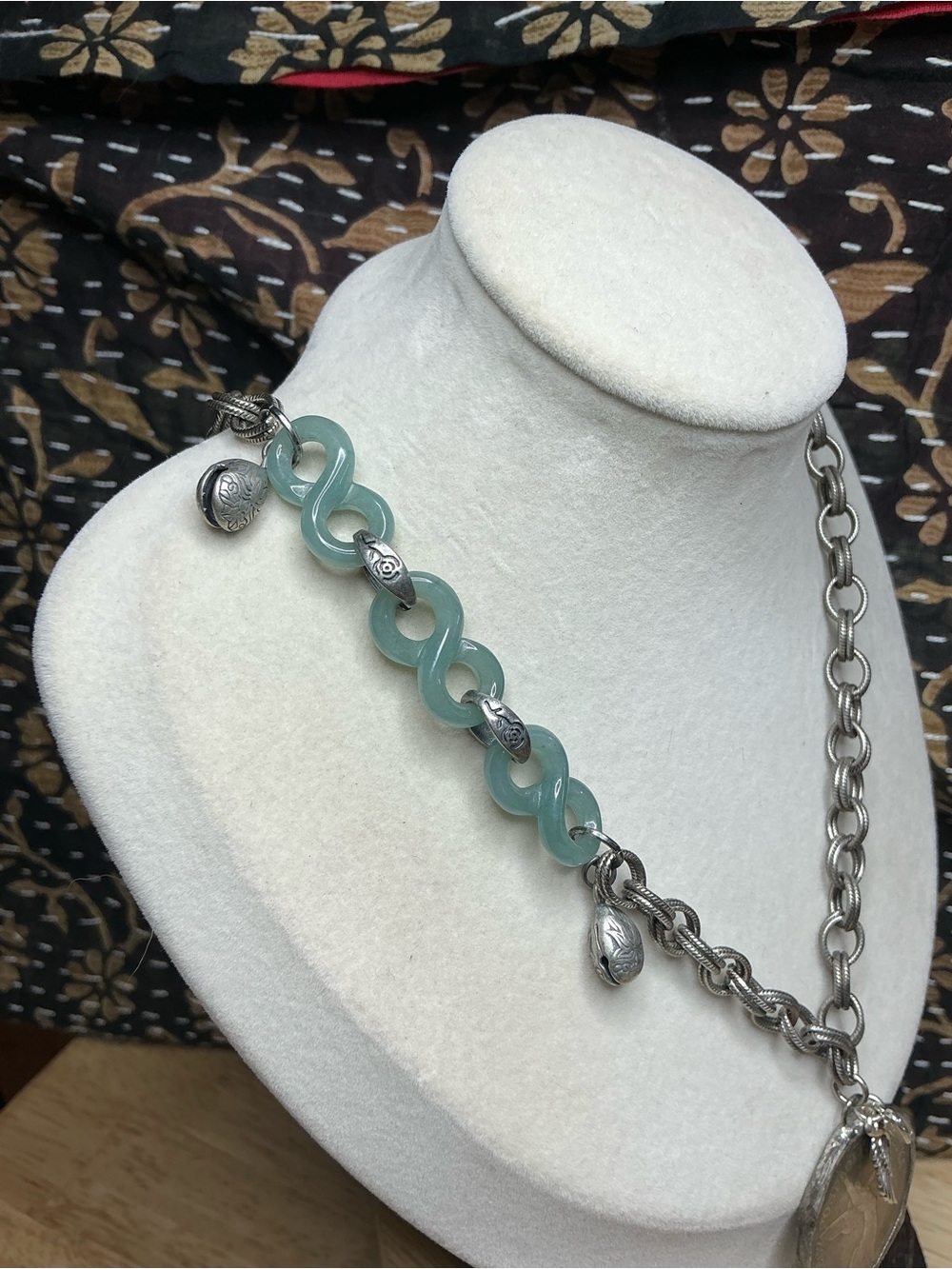 Antique Silver Rollo Necklace 17” with Angel Coin and Blue Water Jade Connectors - Picture 3 of 10